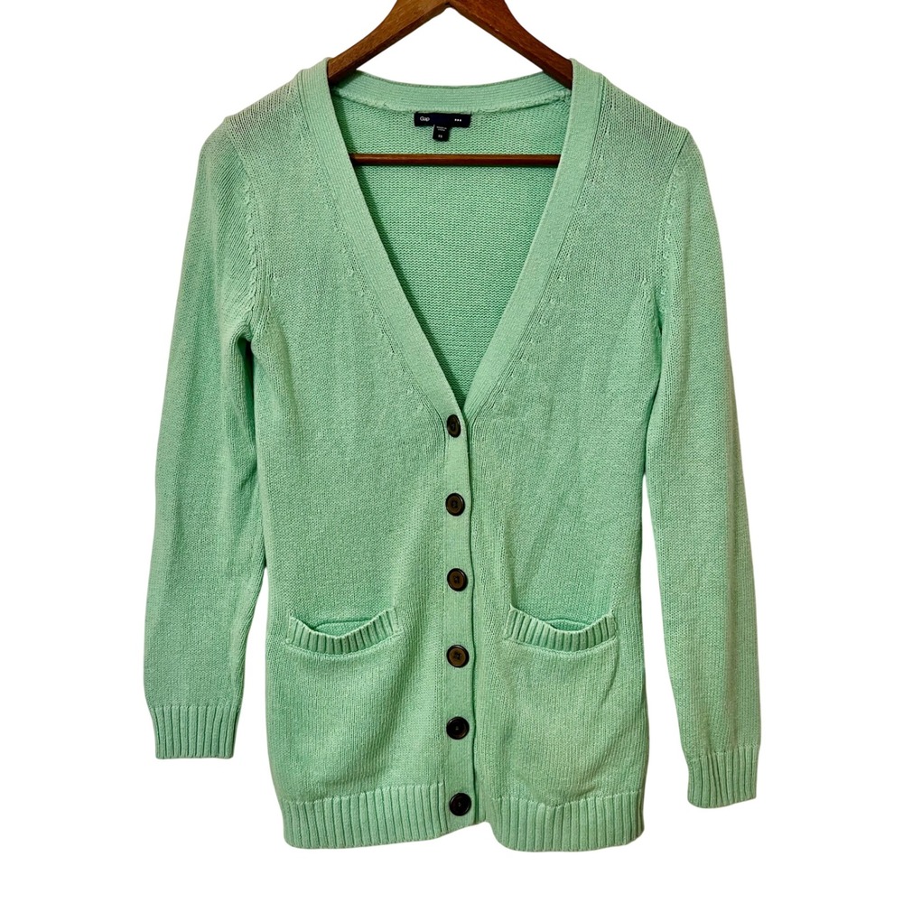 Gap Women Mint Green V Neck Button Front Cardigan Sweater XS Cotton Long‎ Sleeve